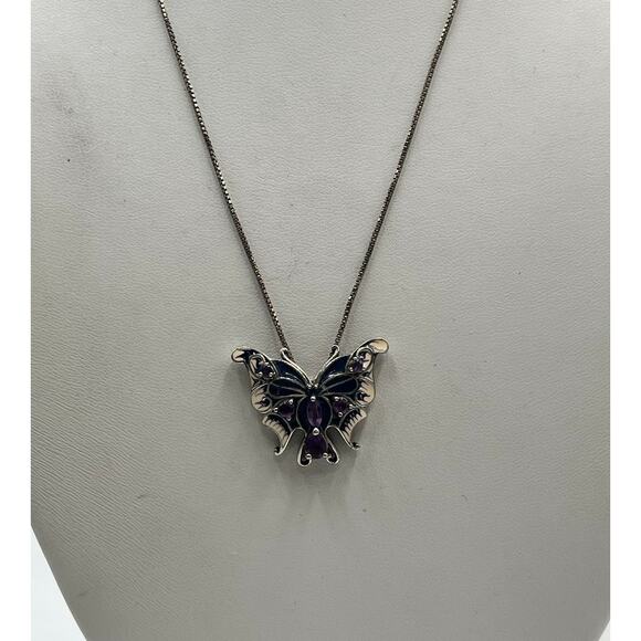 Vintage Sterling Silver Butterfly Pendant Amethyst Enamel 17" Box Chain Italy - Picture 1 of 13